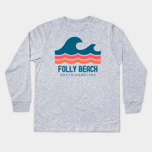 Folly Beach South Carolina Vintage Wave Kids Long Sleeve T-Shirt